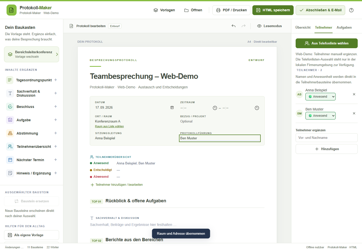 Arbeitsplatz der Web-Demo mit fiktiven Teilnehmern