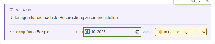 Aufgabe mit Zuständigkeit, Frist und Statusampel